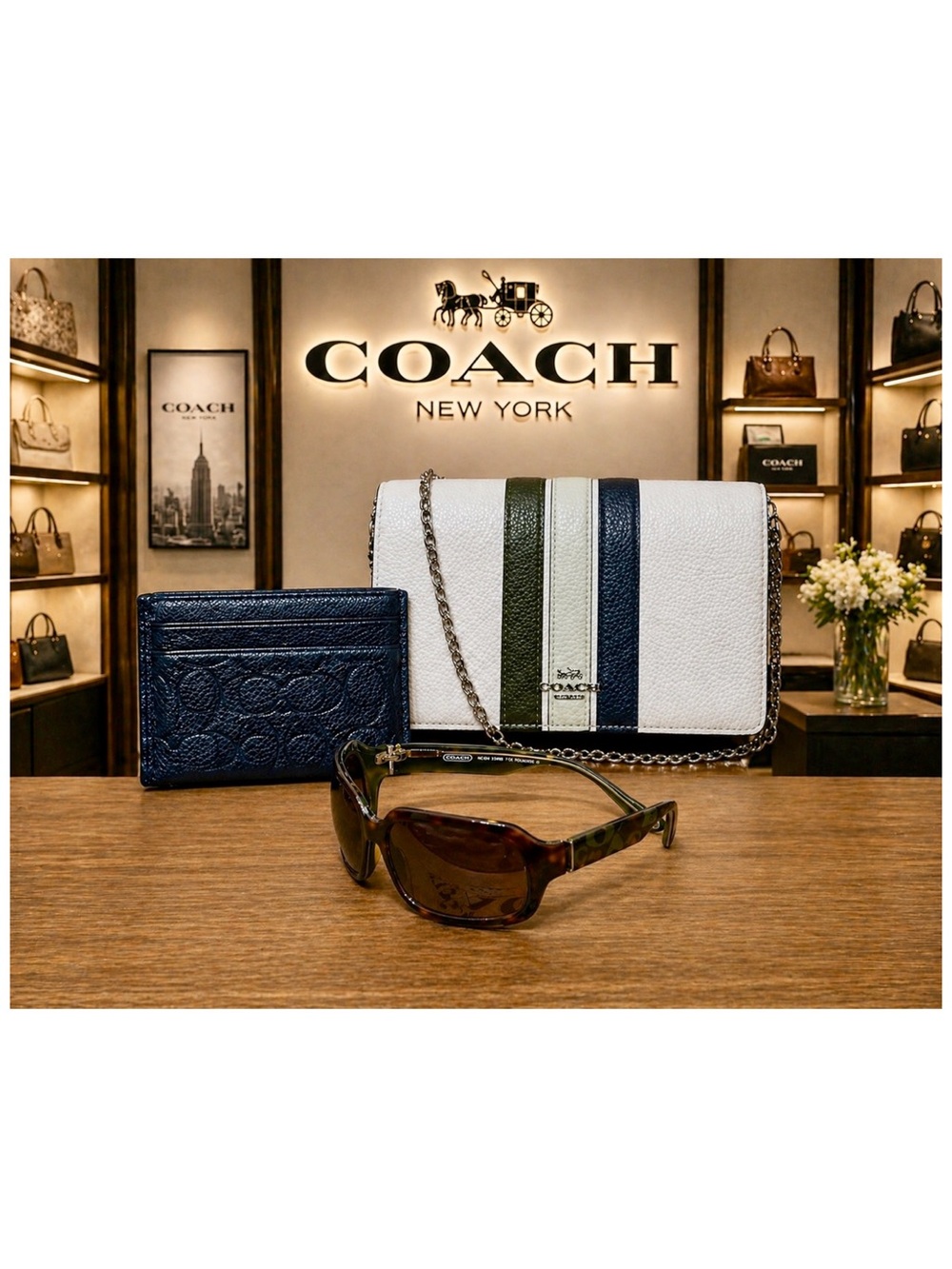 Coach. 3 Piece: Varsity Stripe Foldover Crossbody & Free Sunglasses & Card Case.